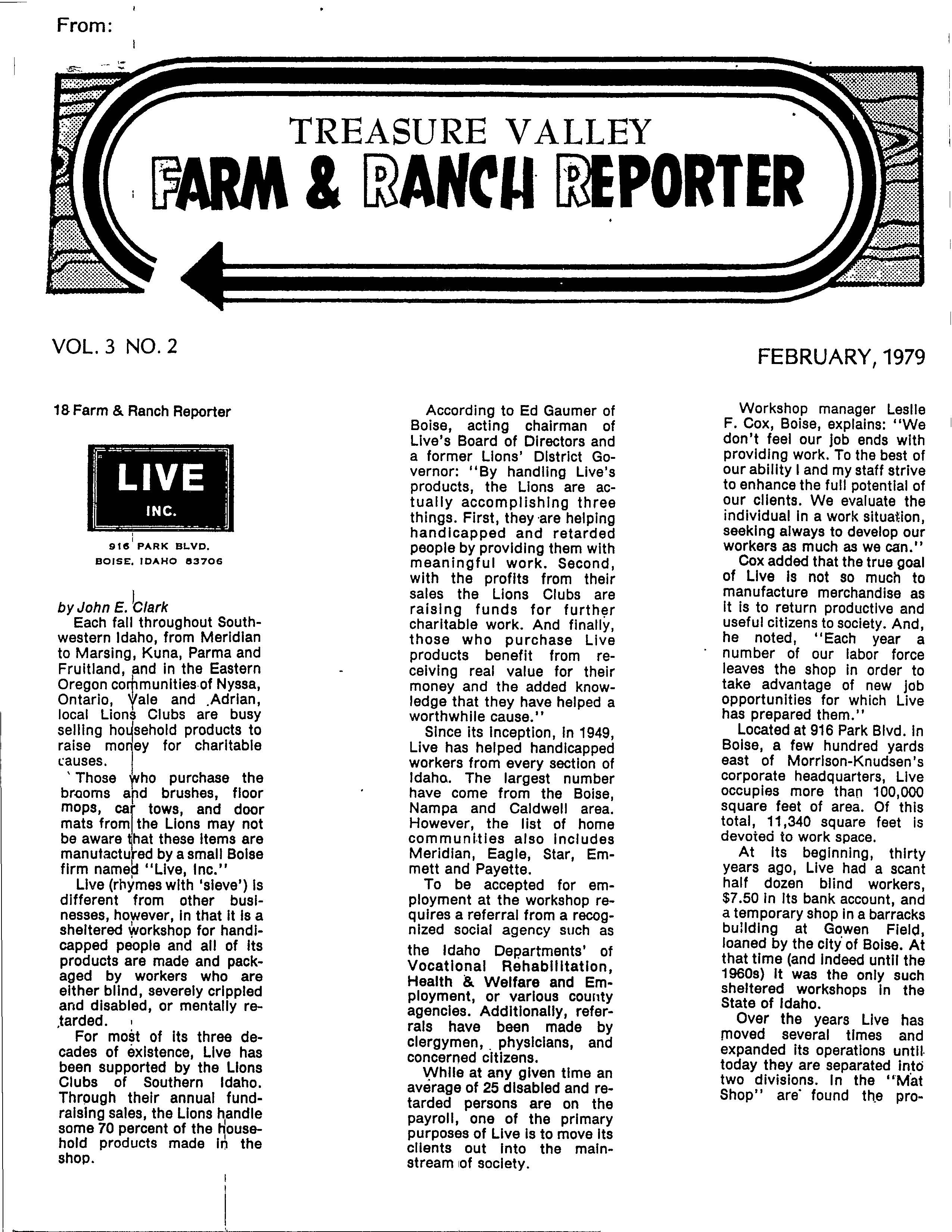 February 1979 edition of Treasure Valley Farm & Ranch Reporter, Vol. 3 No. 2, featuring an article about LIVE Inc., a non-profit organization providing work for disabled individuals, with details on its operations and contributions to society.