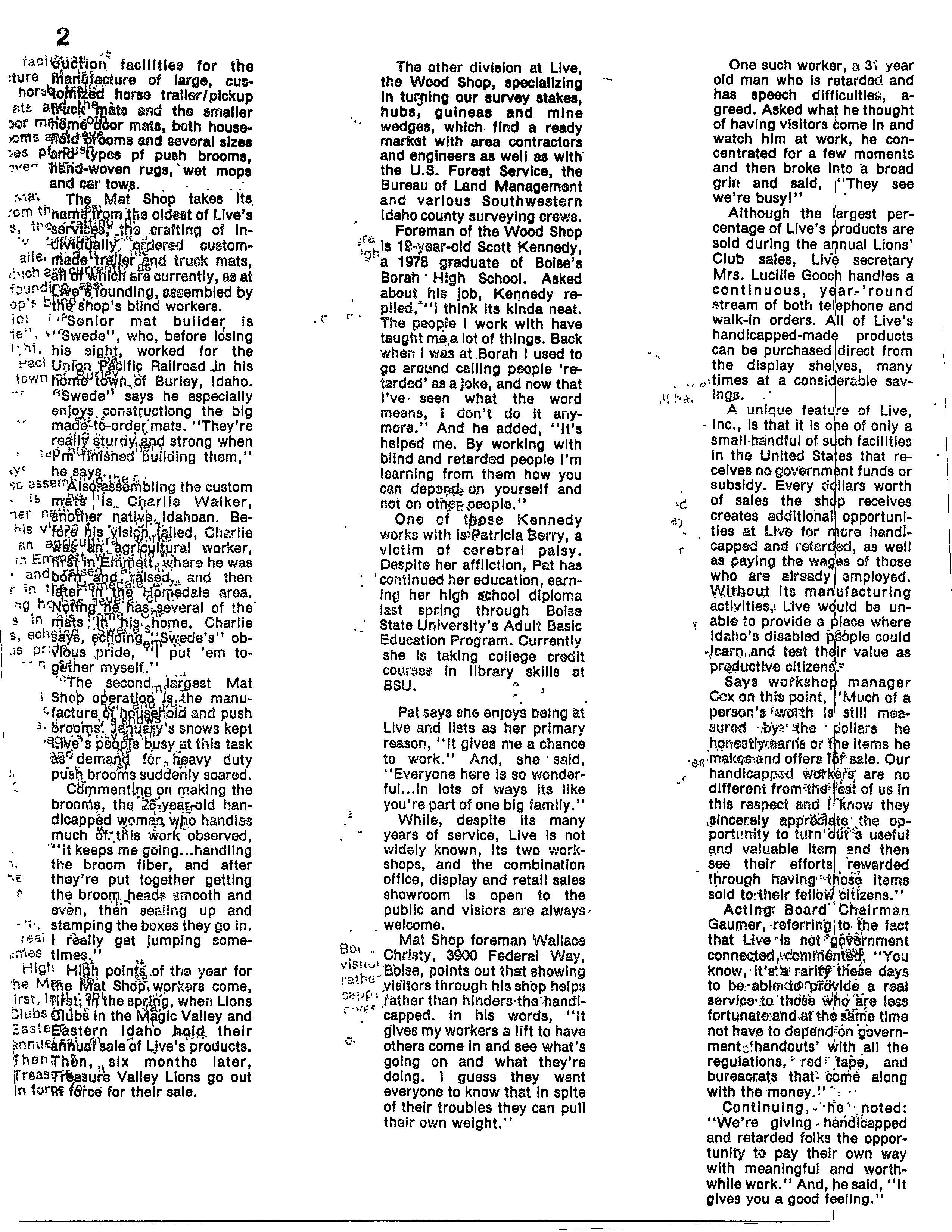 Page two of a newspaper article from Treasure Valley Farm & Ranch Reporter discussing LIVE, Inc.'s work providing employment for individuals who have physical and cognitive issues in activities such as woodworking and broom crafting, highlighting personal stories of the workers and the company's positive impact on the community.