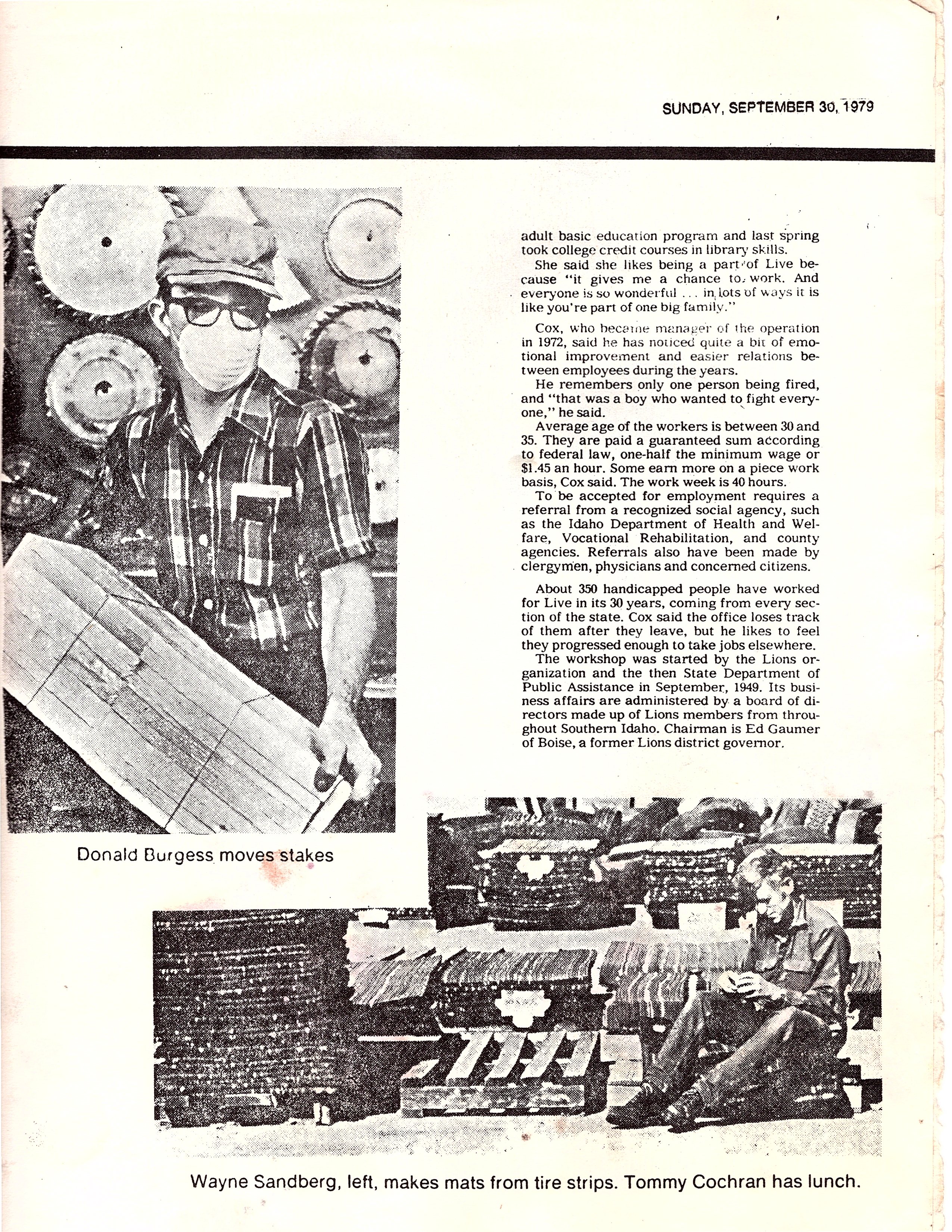 Black and white newspaper clipping from September 30, 1979, featuring three photos: top photo of a man in a cap and glasses among circular objects with caption 'Donald Burgess moves stakes'; bottom left of a person creating mats from tire strips with caption 'Wayne Sandberg, left'; bottom right of a man eating, captioned 'Tommy Cochran has lunch'.