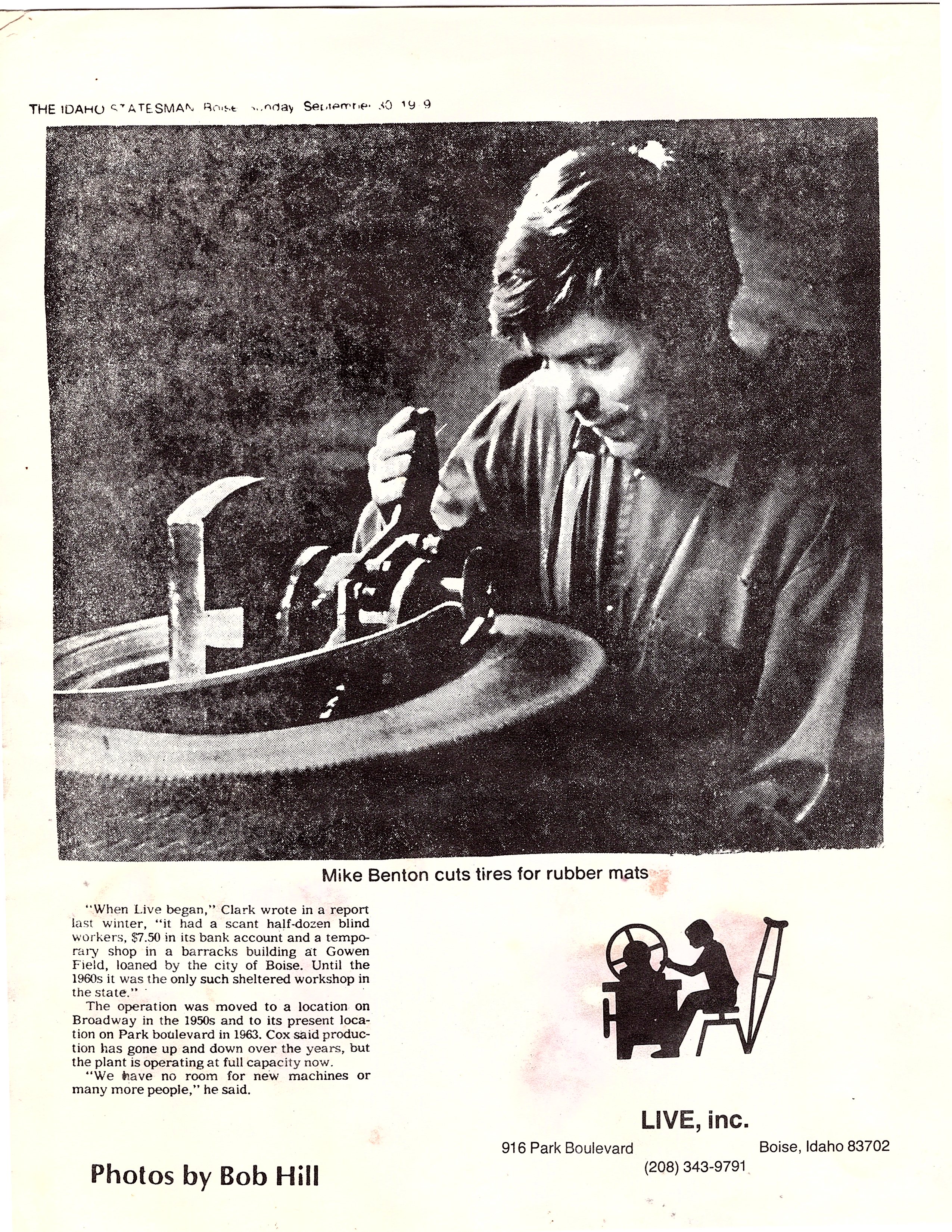 1979 black and white image of Mike Benton cutting tires for rubber mats from The Idaho Statesman newspaper, including 'LIVE, inc.' logo, address, and contact information, with photo credit to Bob Hill.