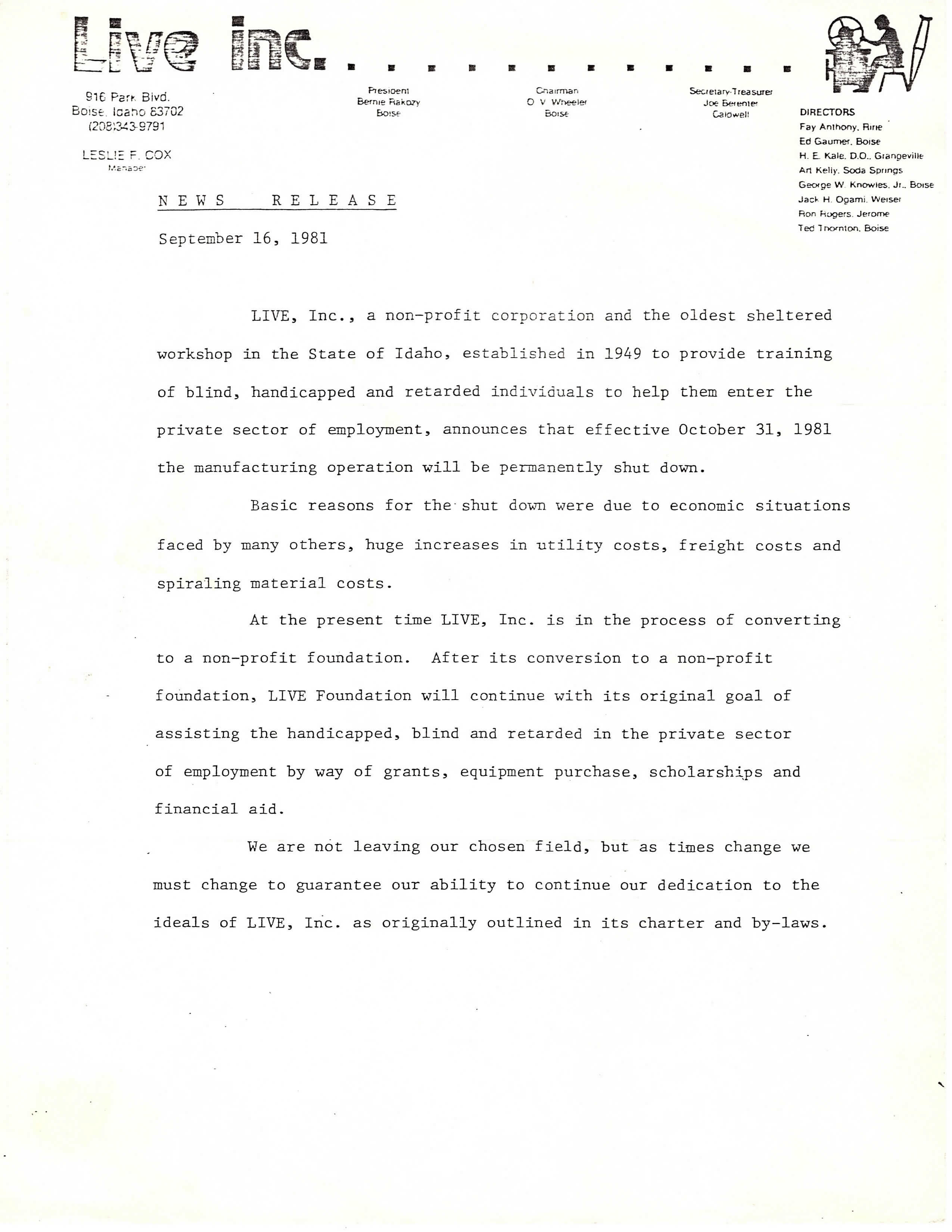 Scanned document of a news release from LIVE, Inc. dated September 16, 1981, announcing the permanent shutdown of its manufacturing operation effective October 31, 1981, due to economic challenges, with a transition to a non-profit foundation.